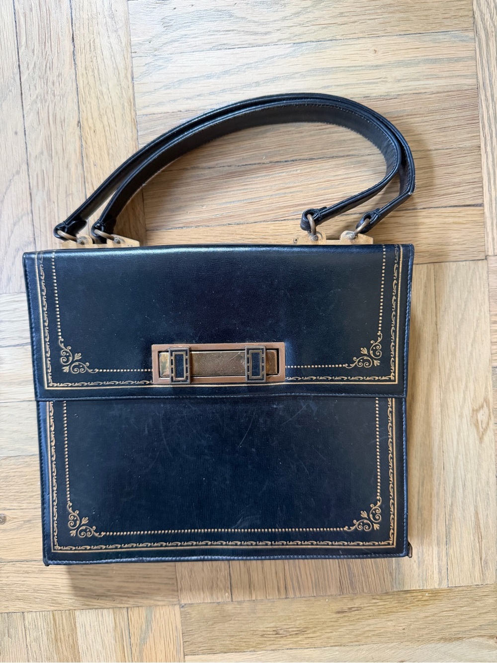 Original Vintage 1950s Italian Black Top-Handle Women's Bag with Gold Accent